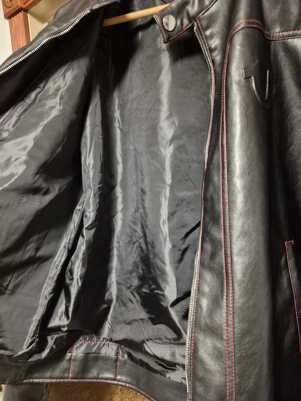 True Religion Black Leather Bomber Jacket with Red Stitching